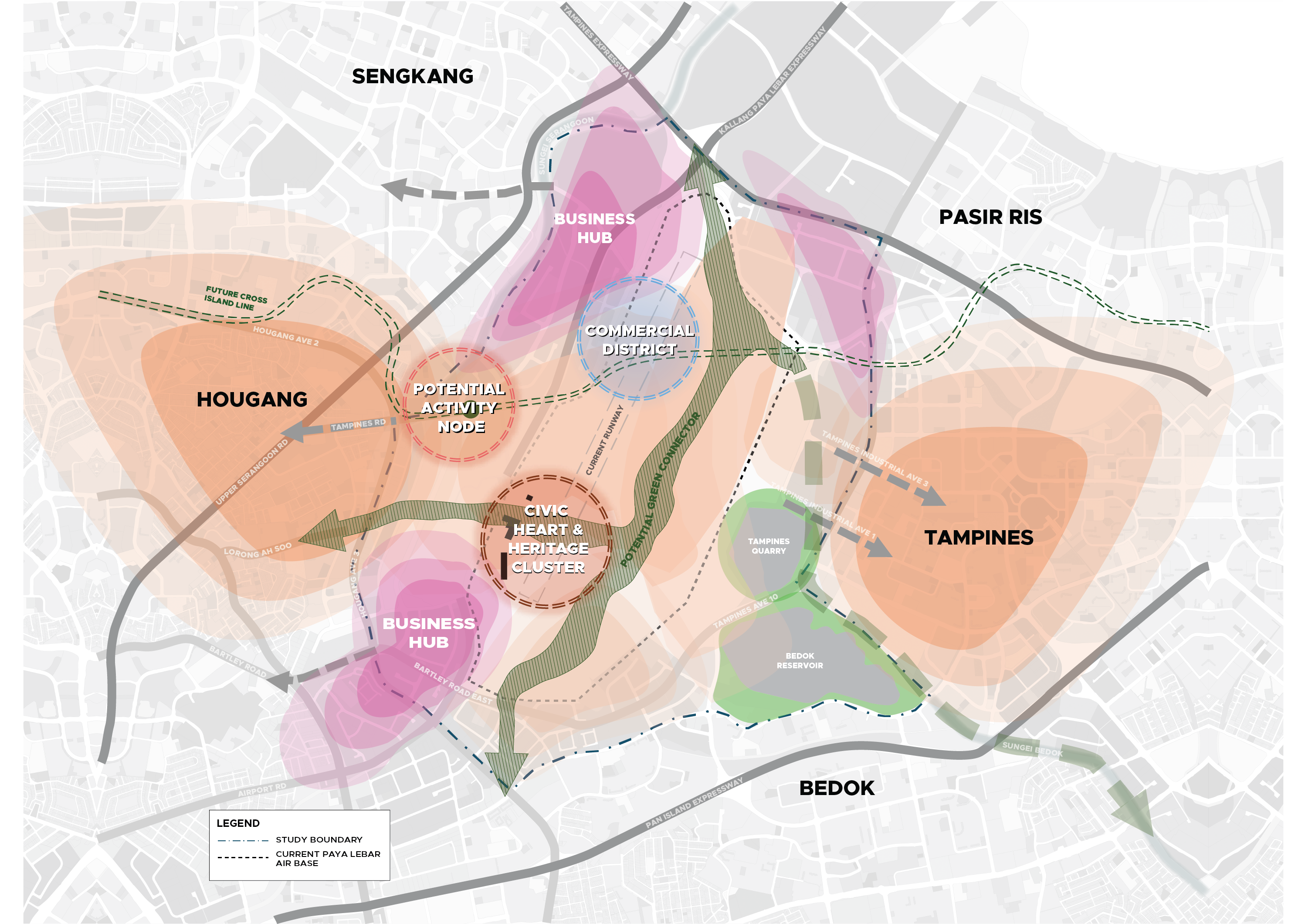 Map of eastern Singapore highlighting potential future business hubs, activity nodes, and green connectors.
